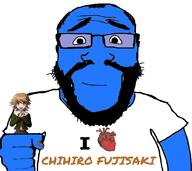 anime arm balding beard blue_skin calm closed_mouth clothes danganronpa:_trigger_happy_havoc danganronpa_(series) fist fujisaki_chihiro glasses hair hand heart holding_object i_love soyjak subvariant:science_lover text variant:markiplier_soyjak video_game // 1001x892 // 112.2KB