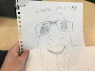 cyrillic_text drawing glasses hand internet_is_leaking irl oh_my_god_she_is_so_attractive paper smile soyjak stubble text ukraine variant:israeli_soyjak // 3264x2448 // 640.4KB