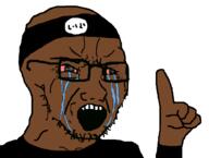arm balaclava bloodshot_eyes brown_skin clothes crying glasses hand headband isis islam open_mouth pointing_up red_eyes soyjak stubble tear variant:soyak // 1000x756 // 23.9KB