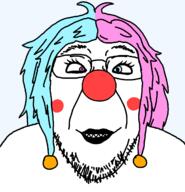 clown clown_nose colorful_hair giggly_goon_clown glasses hair heterochromia lipstick makeup mascara red_nose sharp_teeth smile soyjak stubble tranny variant:bernd // 1200x1244 // 82.6KB