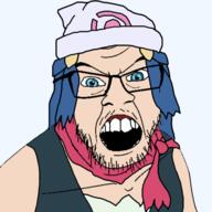angry anime blue_eyes blue_hair clothes dawn female girl glasses hat hikari nintendo pokemon pokemon_dppt scarf sinnoh soyjak stubble transparent variant:feraljak video_game white_skin // 591x591 // 171.5KB