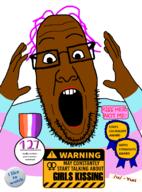 4chan anime animee arm award awardd brown_skin cuck flag flag:lesbian_pride_flag flag:transgender_pride_flag glasses hair hand himedanshi lipstick purple_hair sign soyjak straggot stubble teeth text tranny u_(4chan) variant:ppp yuri // 1000x1350 // 245.0KB