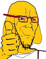 animal closed_mouth clothes dog ear glasses hand janny smirk smug soyjak stretched_mouth stubble suspenders thumbs_up variant:soyak // 785x1000 // 195.1KB