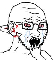 bloodshot_eyes crying ear ear_removal glasses hand open_mouth scared scissors soyjak stubble subvariant:crying_soyak_ears2 variant:soyak // 708x800 // 52.0KB