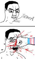 2soyjaks blood broken_glasses closed_mouth fist flag glasses hair hand open_mouth punch soyjak text tranny variant:chudjak // 1137x1920 // 597.8KB