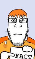 badge closed_mouth clothes fact glasses hair hand holding_object neutral orange_hair sign soyjak soyzellig_party stubble subvariant:neutralplier variant:markiplier_soyjak zach zarty // 601x1018 // 107.6KB