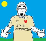 arm clothes ear glasses grass hand jpeg jpeg_compression open_mouth pointing sky soyjak stubble sun text tshirt variant:shirtjak // 618x559 // 80.5KB