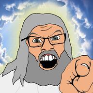 beard christianity clothes glasses glowing god green_eyes grey_hair hair hand heaven mustache open_mouth pointing pointing_at_viewer religion robe sky soyjak variant:feraljak white_skin // 800x800 // 372.2KB