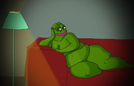 amphibian couch fat frog full_body green_skin hand_on_face lamp lying meta:not_oc nas:pepe pepe pepe_the_frog pink_lips smug // 1280x825 // 457.3KB
