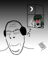 2soyjaks bloodshot_eyes blush closed_eyes closed_mouth crying female femjak glasses green_hair hair hand headphones open_mouth phonr smile soyjak stubble subvariant:female_cobson subvariant:nucob variant:cobson // 541x671 // 136.9KB