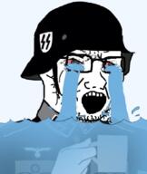bloodshot_eyes clothes collar_tabs combat_helmet cry_me_a_river crying cup epaulettes glasses hand hat helmet holding_mug holding_object looking_to_the_right military military_dress_uniform military_uniform mug nazi_germany nazism open_mouth reichsadler schutzstaffel schutzstaffel_uniform soyjak stahlhelm stubble transparent_background variant:soyak world_war_2 // 716x851 // 333.0KB
