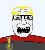 badge clothes glasses nate open_mouth soyjak soyjak_party stubble text variant:soydoz yellow_eyebrows yellow_hair // 600x670 // 47.2KB