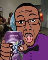 bowtie can clothes ear eyebrows glasses hair holding_object irl_background mustache negro open_mouth people soda soyjak stubble suit tongue variant:blakjak // 375x465 // 176.0KB