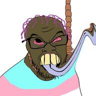 ack brown_skin brown_troonjak distorted flag flag:transgender_pride_flag glasses open_mouth purple_hair rope soyjak stubble tranny variant:feraljak // 1500x1500 // 156.8KB