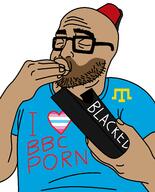 astrofene_(namefag) bbc blacked brown_skin closed_eyes clothes crimean_tatar eating flag:femboy_pride_flag glasses hat variant:khanzumerjak // 1242x1542 // 53.5KB
