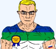arm award blue_eyes buff christianity closed_mouth clothes eastern_orthodox eyes_like_the_o-o-cean flag flag:komi flag:russia glasses hair komi_republic orthodox_cross russia soldier soyjak subvariant:chudjak_front subvariant:muscular_chud text transparent transparent_background tshirt variant:chudjak vein vladimir_ubya yellow_hair // 1059x929 // 54.6KB