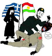 3soyjaks beard black_skin choking closed_mouth clothes crescent death flag flag:greece flag:kurdistan flag:turkiye glasses greece kike kurdistan nigger open_mouth smile soyjak star_(symbol) stubble tranny turkiye variant:chudjak // 3000x3200 // 980.2KB