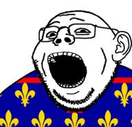 flag flag:artois glasses grin holy_roman_empire looking_at_you open_mouth smile soyjak stubble subvariant:gapealien variant:gapejak // 717x689 // 101.0KB