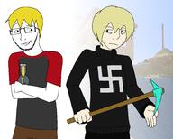 arm artist:xJanny badge closed_mouth clothes crossed_arms glasses holding_object minecraft nate nazism pickaxe smug stubble swastika that_one_fucking_picture_of_nate_being_a_smug_little_bastard tired variant:soyak video_game yellow_hair // 2000x1600 // 644.6KB