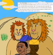 2soyjaks animal are_you_soying_what_im_soying brown_skin closed_mouth clothes cloud drawn_background fangs grin hair hat imminent_death lion mustache railroad savannah smile soyjak stubble subvariant:wholesome_soyjak sun turban variant:gapejak variant:markiplier_soyjak variant:wojak yellow_sclera // 1063x1105 // 360.0KB