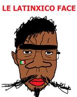beard brown_skin closed_mouth ear flag:mexico glasses goatee hair latinx mexico mustache red_lips soyjak stubble subvariant:patrick text thick_eyebrows unibrow variant:chudjak wide_nose // 1008x1265 // 70.1KB