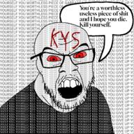 angry black_shirt bloodshot_eyes clothes glasses kys looking_at_you mustache open_mouth red_eyes soyjak speech_bubble stubble text variant:feraljak wordswordswords // 1280x1280 // 642.0KB