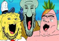 3soyjaks animal blue_skin cartoon clothes hat nickelodeon patrick_star pineapple pink_skin soyjak soyjak_trio spongebob_squarepants squidward variant:gapejak variant:markiplier_soyjak variant:tony_soprano_soyjak yellow_skin // 680x477 // 69.2KB