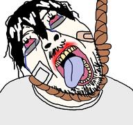 anime bloodshot_eyes clothes crying glasses hair hanging lee_hooni mustache open_mouth patch rope soyjak stubble suicide suicide_boy tshirt variant:bernd yellow_teeth // 768x719 // 348.6KB