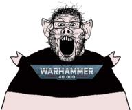 animal arm clothes fat glasses hair hairy hand open_mouth pig pink_skin soyjak stubble text variant:markiplier_soyjak warhammer // 1006x839 // 367.1KB