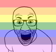 clothes flag glasses lgbt open_mouth soyjak stubble tshirt variant:el_perro_rabioso // 427x400 // 7.5KB