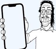 big_eyes calarts cartoon collar collared_shirt glasses hair holding_phone long_hair mullet mustache nose_piercing nose_ring phone showing_phone showing_something smile subvariant:mulletjak_phone subvariant:so_true! variant:mulletjak // 1780x1550 // 47.2KB