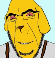 animal bloodshot_eyes blue_background clothes dog ear glasses janny smile snout soyjak stubble suspenders variant:cobson yellow_skin // 676x707 // 61.6KB