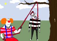 2soyjaks bloodshot_eyes closed_mouth clothes cloud clown crying drawn_background eyelashes full_body glasses hair hanging holding_object holding_rope lynching mime mustache open_mouth orange_hair purple_hair rope smile soyjak space_station_13 stubble subvariant:wholesome_soyjak sun tongue tree variant:bernd variant:gapejak video_game yellow_teeth // 1200x857 // 145.7KB