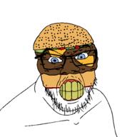 angry blue_eyes cheese clenched_teeth food foodjak glasses hamburger ketchup mustache pickle seeds series:foodeez! soyjak stubble variant:feraljak white_background yellow_teeth // 1000x1000 // 55.5KB