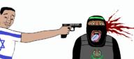 arm balaclava blood brown_skin bulletproof_vest country execution flag glasses gun hair hamas hand holding_gun israel open_mouth palestine smile smirk soyjakj star_of_david text tongue variant:bernd variant:chudjak yellow_teeth // 1166x515 // 23.9KB