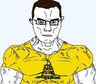 blue_eyes brown_hair closed_mouth dont_tread_on_me flag:gadsden gadsgen_flag glasses libertarian muscles muscular_male no_stubble snake subvariant:muscular_chud thick_eyebrows transparent_background vantawhite variant:chudjak veiny white_skin yellow_shirt // 1059x929 // 80.9KB