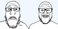 2soyjaks happy looking_at_each_other sad smile subvariant:grinplier subvariant:redrawn_plier teeth variant:markiplier_soyjak white_skin // 2400x1200 // 56.0KB