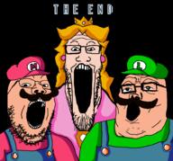 3soyjaks cap clothes crown dress glasses hair hat luigi mario mustache nintendo open_mouth overalls princess_peach soyjak stubble text trend:soyjak_trio variant:gapejak variant:markiplier_soyjak variant:tony_soprano_soyjak video_game yellow_hair // 968x900 // 48.4KB