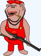 amerimutt cap clothes ear fat full_body gun hat lips mcdonalds mutt overalls rifle straw subvariant:impish_amerimutt variant:impish_soyak_ears // 1112x1516 // 65.9KB