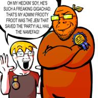 2soyjaks HARD admin award closed_mouth clothes crossed_arms excited froot happy nate open_mouth smug stubble subvariant:wholesome_soyjak variant:excited_soyjak variant:gapejak yellow_hair // 2000x2000 // 886.8KB
