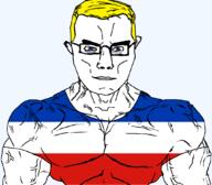 arm blue_eyes buff closed_mouth clothes flag flag:schleswig-holstein germany glasses hair schleswig-holstein soyjak subvariant:chudjak_front subvariant:muscular_chud transparent transparent_background tshirt variant:chudjak vein yellow_hair // 1059x929 // 36.4KB