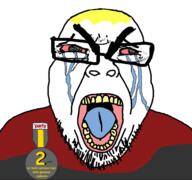 angry award crying glasses open_mouth red_eyes seethe soyjak soyjak_party stubble subvariant:seethejak teeth text tongue variant:bernd yellow_hair // 582x547 // 160.5KB