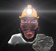artist:sectionalism beard black_background clothes coal dust glasses hard_hat hat holding_coal holding_object lens_flare light miner mining punisher_face subvariant:science_lover variant:markiplier_soyjak // 3464x3150 // 928.4KB