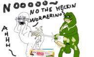 arm ass balls bloodshot_eyes crying frog green_skin hand holding_object ivermectin nsfw penis pepe soyjak stubble sword text variant:cryboy_soyjak worm // 1380x849 // 318.1KB