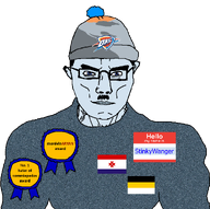 award blue_skin clothes ear flag:mordovia flag:russian_empire hat hitler_mustache meta:namefags name_tag stinkywanger_(namefag) subvariant:muscular_chud sweater variant:chudjak // 1059x1056 // 470.8KB