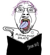 book death_note dilate glasses holding_book holding_object millions_must_die pun purple_hair soyjak stubble tongue tranny variant:bernd yellow_teeth // 615x680 // 171.6KB