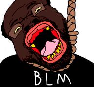 ack balding black_lives_matter black_skin glasses hair hanging meta:op_took_a_selfie_of_xerself open_mouth red_lips rope soyjak stubble text variant:nigjak yellow_sclera // 760x704 // 207.5KB