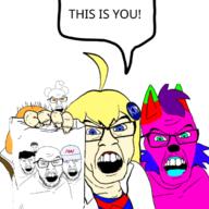 4chan angry antenna baseball_cap blue_eyes furry glasses green_eyes hair holding_object janny knowyourmeme kym_tan multiple_soyjaks no_u nose_piercing nose_ring open_mouth orange_eyes projection qa_(4chan) reddit snoo soyjak speech_bubble stubble text variant:feraljak yellow_hair // 680x680 // 290.8KB