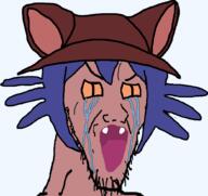 animal blue_hair brown_skin cat cat_ear clothes crying hair hat neko niko_(oneshot) oneshot open_mouth purple_skin soyjak stretched_mouth stubble variant:soyak video_game yellow_eyes // 1041x983 // 95.3KB