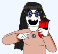 animated arm avengers beanie blackface blue_eyes blush bomb burning clothes dynamite explosion glasses hair hand happy holding_object necklace soot soyjak_party variant:soytan // 646x598 // 120.4KB